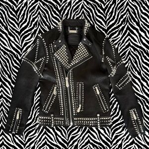 ★ Philipp Plein Spiked Metal Biker Studded Black Leather Doberman Jacket  ★